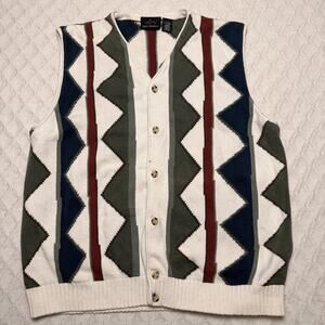 Vintage Greg Norman Mens L Geometric Cardigan Golf Sleeveless knit Sweater Vest